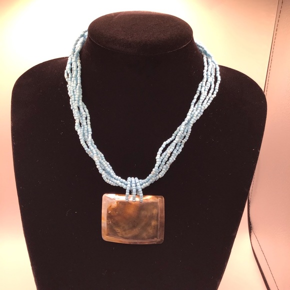 Women’s Blue Necklace with Square Sea Shell - Picture 1 of 8